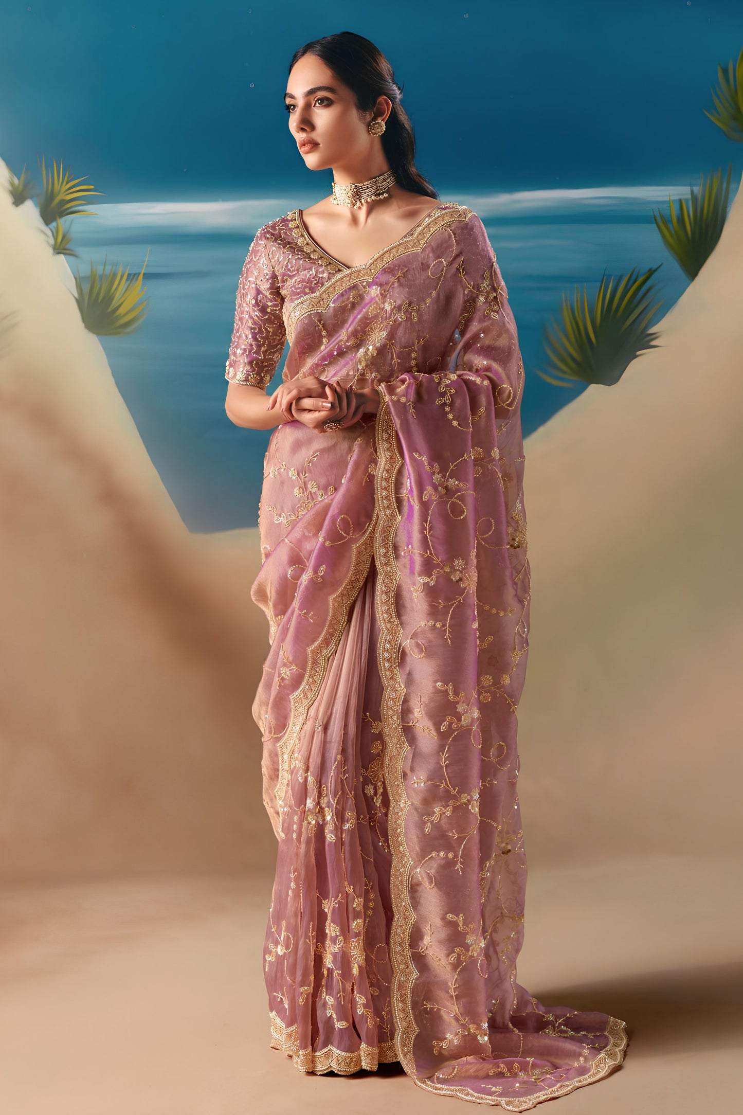 Lovely Pink Fendy Silk Heavy Beads Work Sequin Work Saree for Women