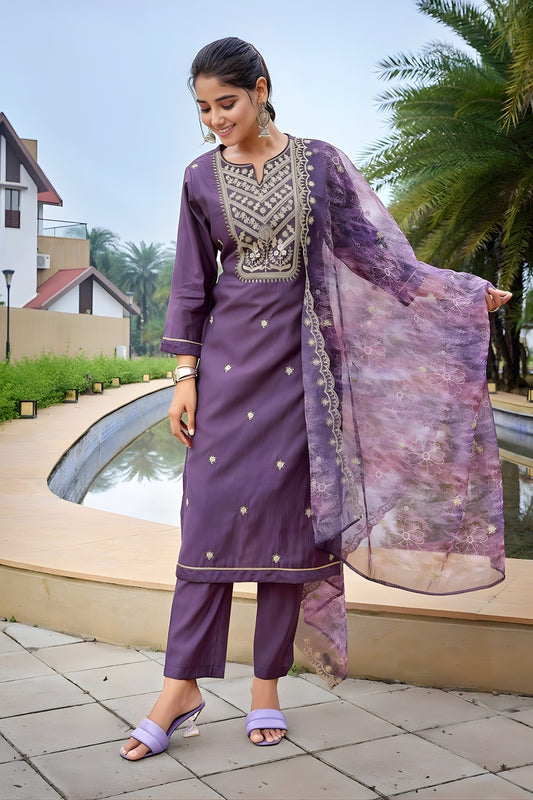 Elegant Purple Embroidered Straight Suit with Printed Dupatta for Festive and Party Wear