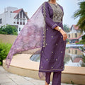 Elegant Purple Embroidered Straight Suit with Printed Dupatta for Festive and Party Wear