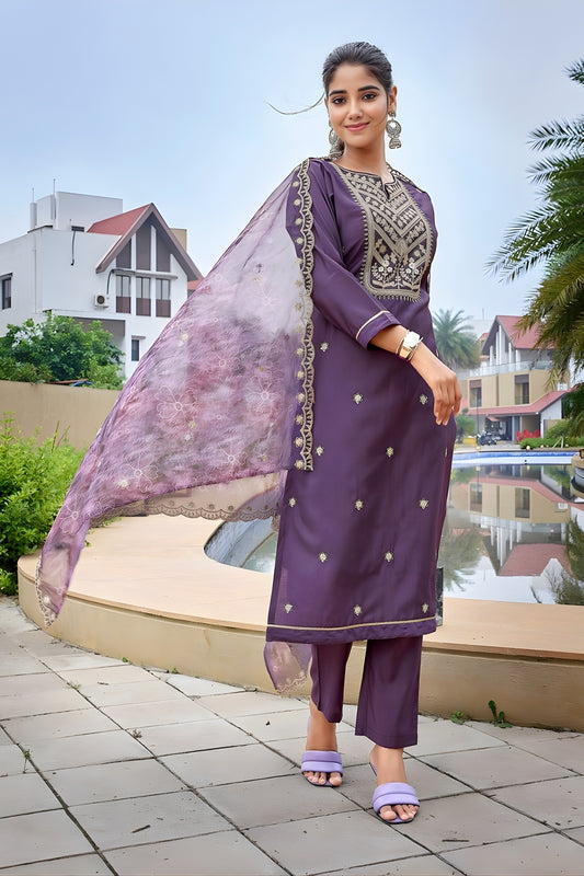 Elegant Purple Embroidered Straight Suit with Printed Dupatta for Festive and Party Wear