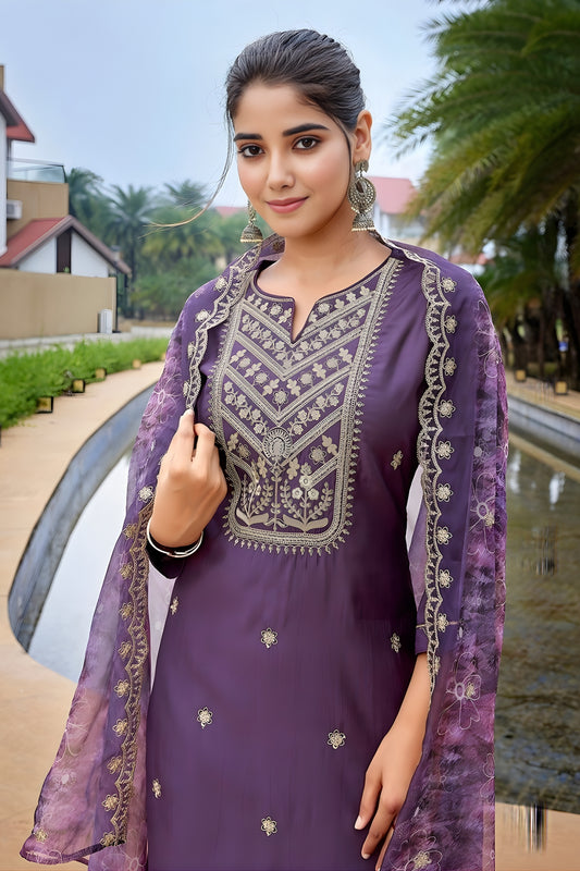 Elegant Purple Embroidered Straight Suit with Printed Dupatta for Festive and Party Wear