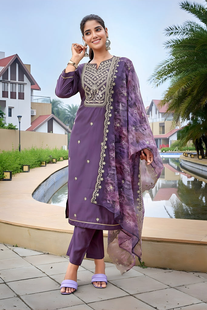 Elegant Purple Embroidered Straight Suit with Printed Dupatta for Festive and Party Wear