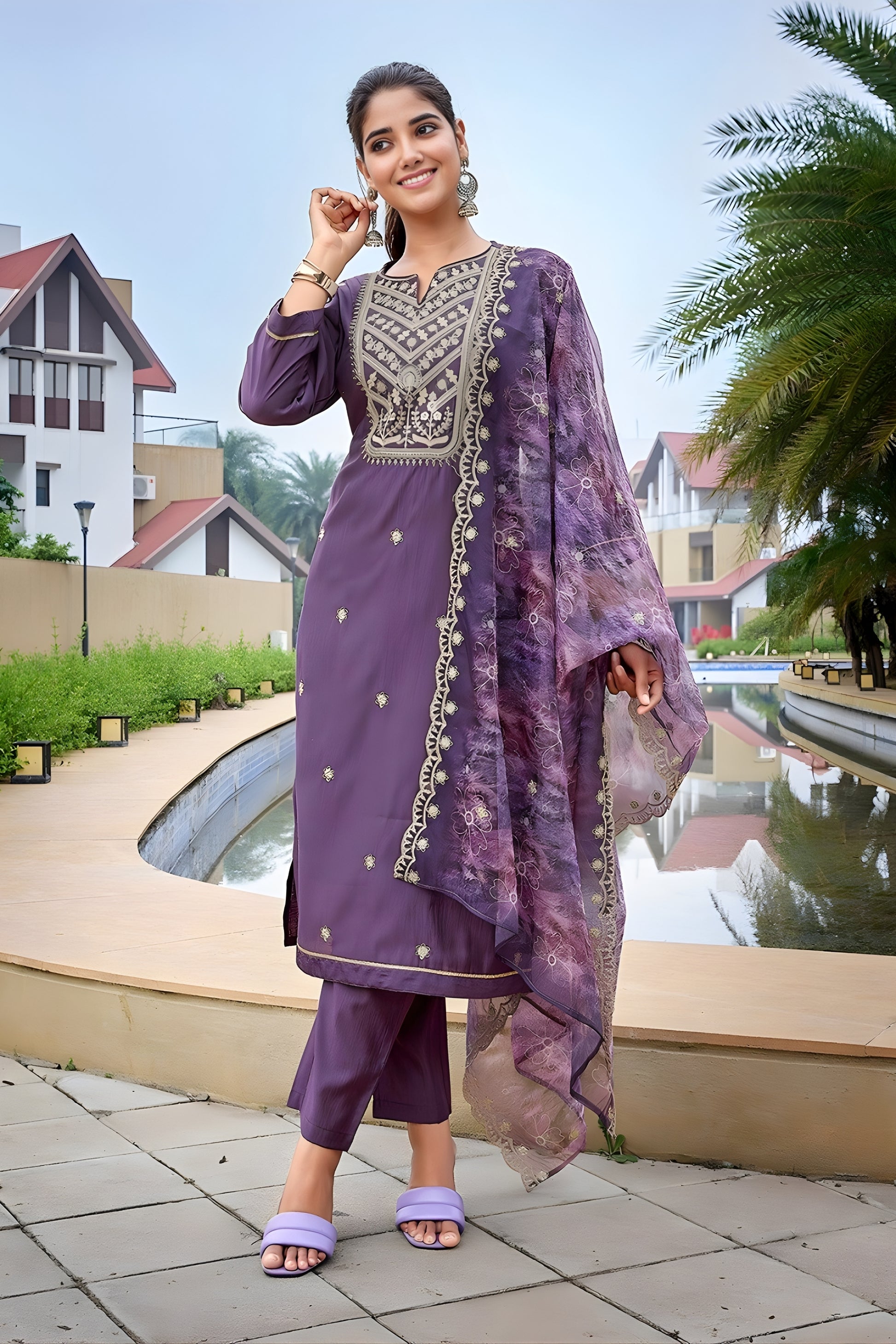Elegant Purple Embroidered Straight Suit with Printed Dupatta for Festive and Party Wear