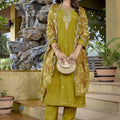 Stylish Olive Green Embroidered Straight Suit with Printed Dupatta for Festive and Party Wear