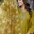 Stylish Olive Green Embroidered Straight Suit with Printed Dupatta for Festive and Party Wear