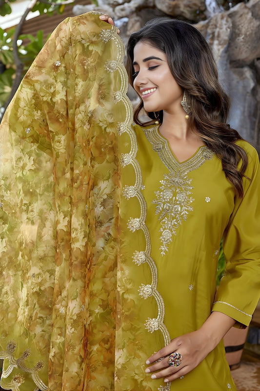 Stylish Olive Green Embroidered Straight Suit with Printed Dupatta for Festive and Party Wear