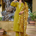 Stylish Olive Green Embroidered Straight Suit with Printed Dupatta for Festive and Party Wear