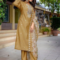 Trendy Beige Embroidered Straight Suit with Printed Dupatta for Festive and Party Wear