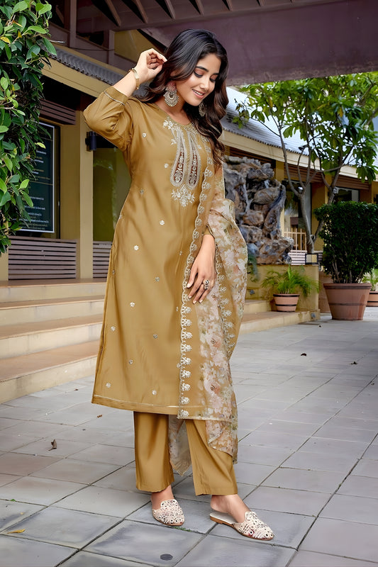 Trendy Beige Embroidered Straight Suit with Printed Dupatta for Festive and Party Wear