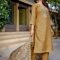 Trendy Beige Embroidered Straight Suit with Printed Dupatta for Festive and Party Wear