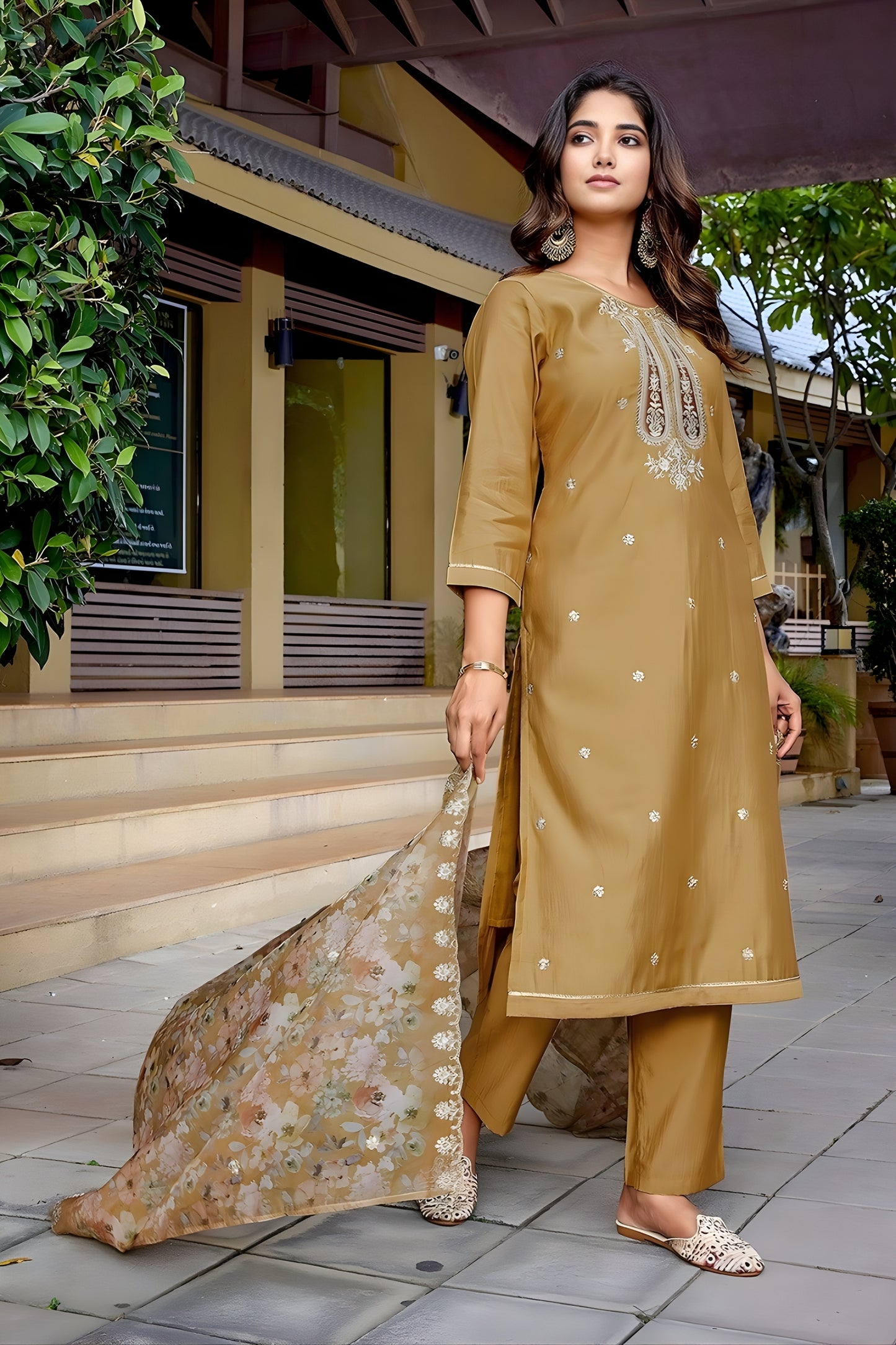 Trendy Beige Embroidered Straight Suit with Printed Dupatta for Festive and Party Wear