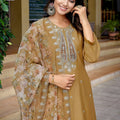 Trendy Beige Embroidered Straight Suit with Printed Dupatta for Festive and Party Wear