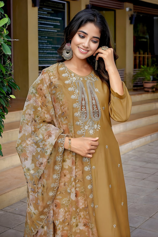 Trendy Beige Embroidered Straight Suit with Printed Dupatta for Festive and Party Wear