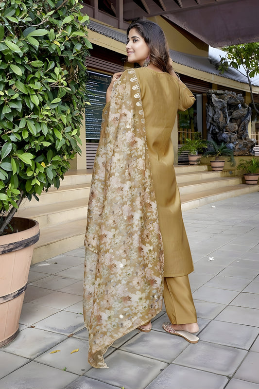 Trendy Beige Embroidered Straight Suit with Printed Dupatta for Festive and Party Wear