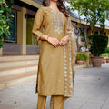 Trendy Beige Embroidered Straight Suit with Printed Dupatta for Festive and Party Wear