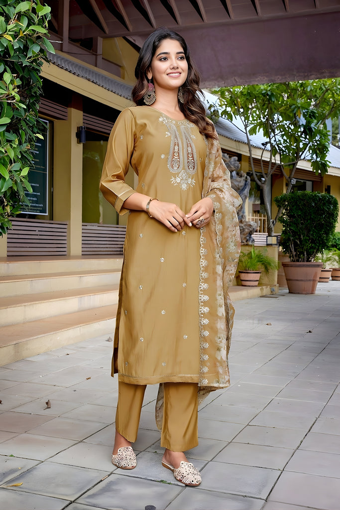 Trendy Beige Embroidered Straight Suit with Printed Dupatta for Festive and Party Wear