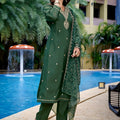 Latest Dark Green Embroidered Straight Suit with Printed Dupatta for Festive and Party Wear