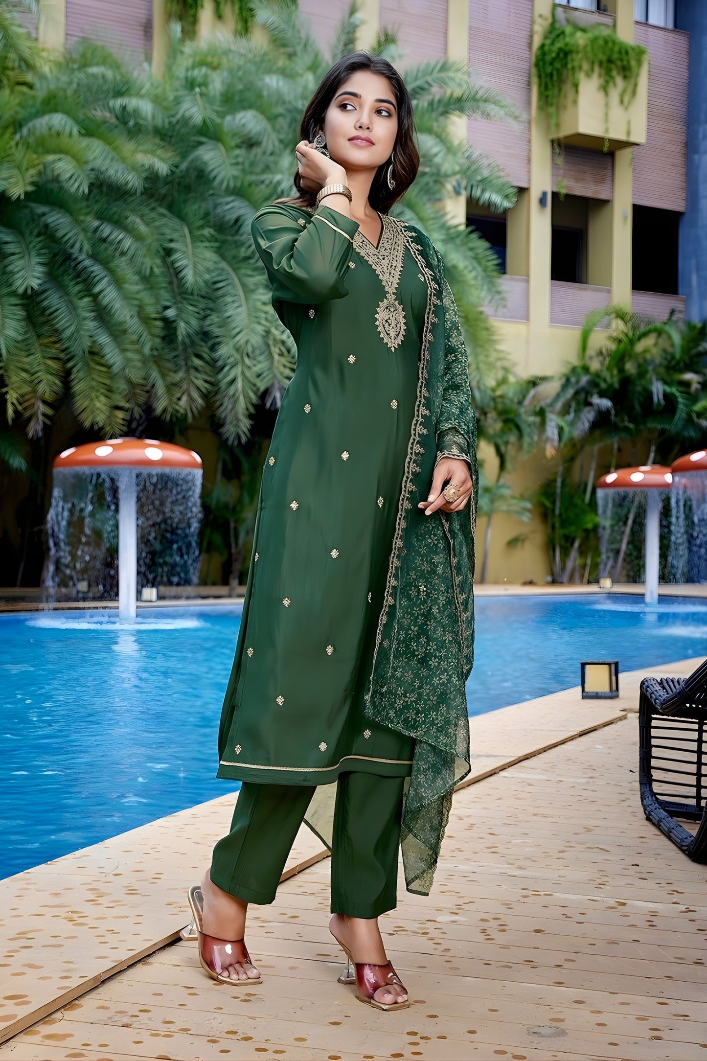 Latest Dark Green Embroidered Straight Suit with Printed Dupatta for Festive and Party Wear