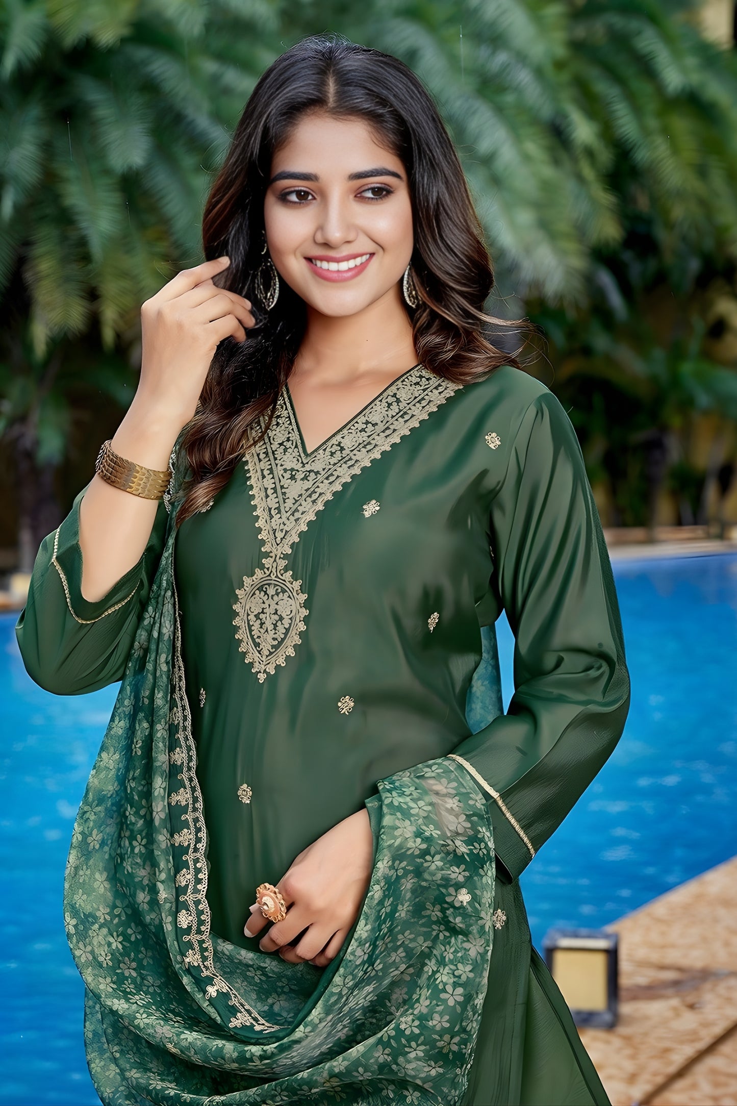 Latest Dark Green Embroidered Straight Suit with Printed Dupatta for Festive and Party Wear