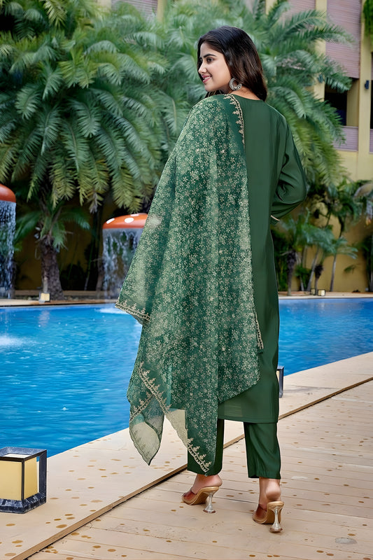 Latest Dark Green Embroidered Straight Suit with Printed Dupatta for Festive and Party Wear