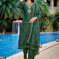 Latest Dark Green Embroidered Straight Suit with Printed Dupatta for Festive and Party Wear