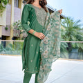 Beautiful Green Embroidered Straight Suit with Floral Printed Dupatta for Festive and Party Wear