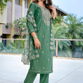 Beautiful Green Embroidered Straight Suit with Floral Printed Dupatta for Festive and Party Wear