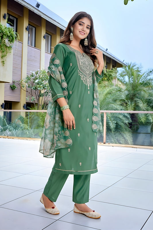 Beautiful Green Embroidered Straight Suit with Floral Printed Dupatta for Festive and Party Wear