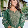 Beautiful Green Embroidered Straight Suit with Floral Printed Dupatta for Festive and Party Wear