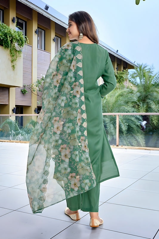 Beautiful Green Embroidered Straight Suit with Floral Printed Dupatta for Festive and Party Wear