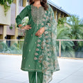 Beautiful Green Embroidered Straight Suit with Floral Printed Dupatta for Festive and Party Wear
