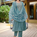 Great Teal Blue Embroidered Straight Suit with Floral Printed Dupatta for Festive and Party Wear