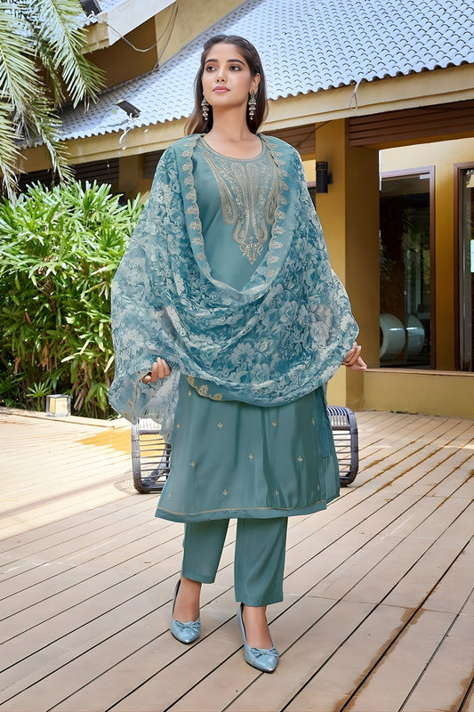 Great Teal Blue Embroidered Straight Suit with Floral Printed Dupatta for Festive and Party Wear