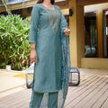Great Teal Blue Embroidered Straight Suit with Floral Printed Dupatta for Festive and Party Wear