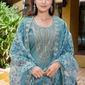 Great Teal Blue Embroidered Straight Suit with Floral Printed Dupatta for Festive and Party Wear