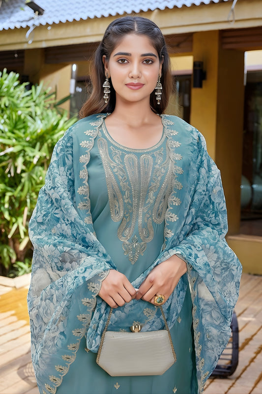 Great Teal Blue Embroidered Straight Suit with Floral Printed Dupatta for Festive and Party Wear