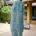 Great Teal Blue Embroidered Straight Suit with Floral Printed Dupatta for Festive and Party Wear