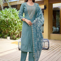 Great Teal Blue Embroidered Straight Suit with Floral Printed Dupatta for Festive and Party Wear