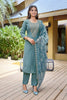 Great Teal Blue Embroidered Straight Suit with Floral Printed Dupatta for Festive and Party Wear