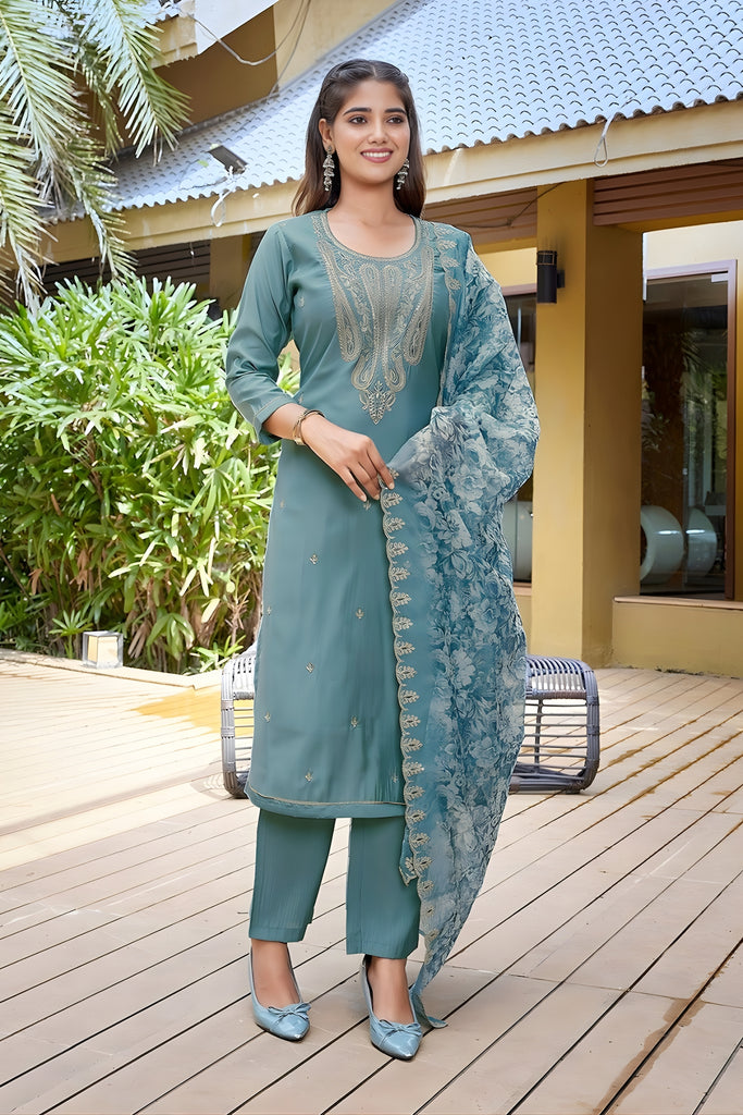 Great Teal Blue Embroidered Straight Suit with Floral Printed Dupatta for Festive and Party Wear