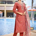 Ideal Rust Orange Embroidered Straight Suit with Floral Printed Dupatta for Festive and Party Wear