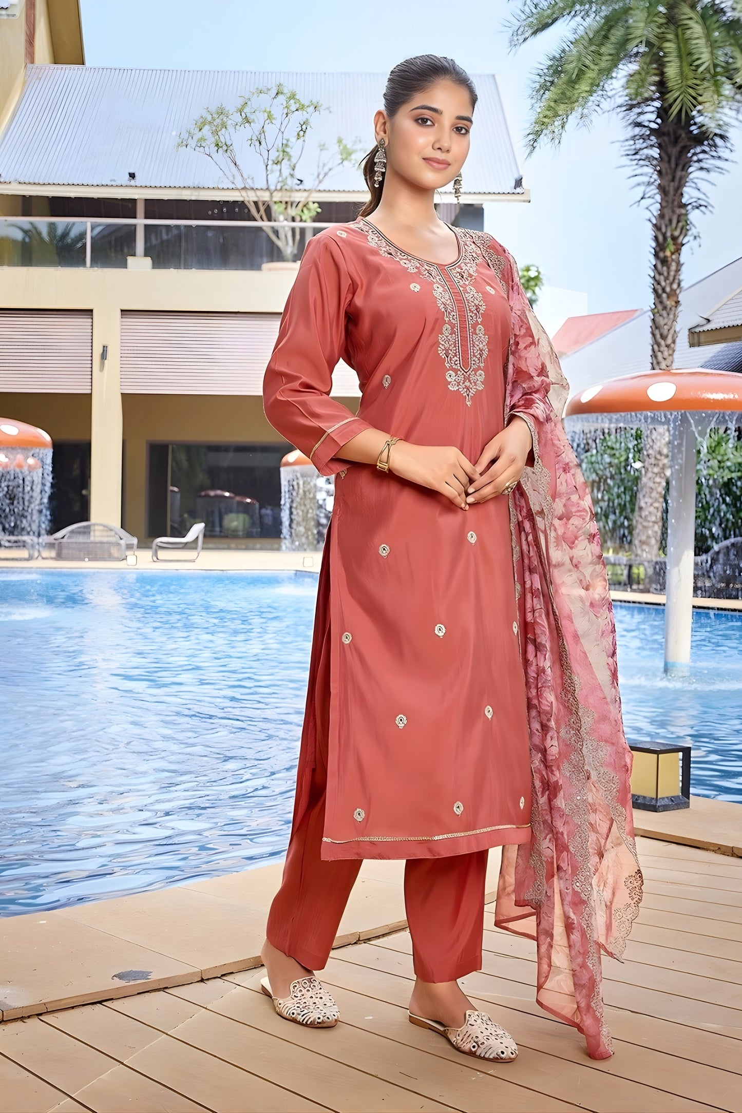 Ideal Rust Orange Embroidered Straight Suit with Floral Printed Dupatta for Festive and Party Wear