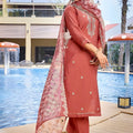 Ideal Rust Orange Embroidered Straight Suit with Floral Printed Dupatta for Festive and Party Wear