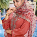 Ideal Rust Orange Embroidered Straight Suit with Floral Printed Dupatta for Festive and Party Wear