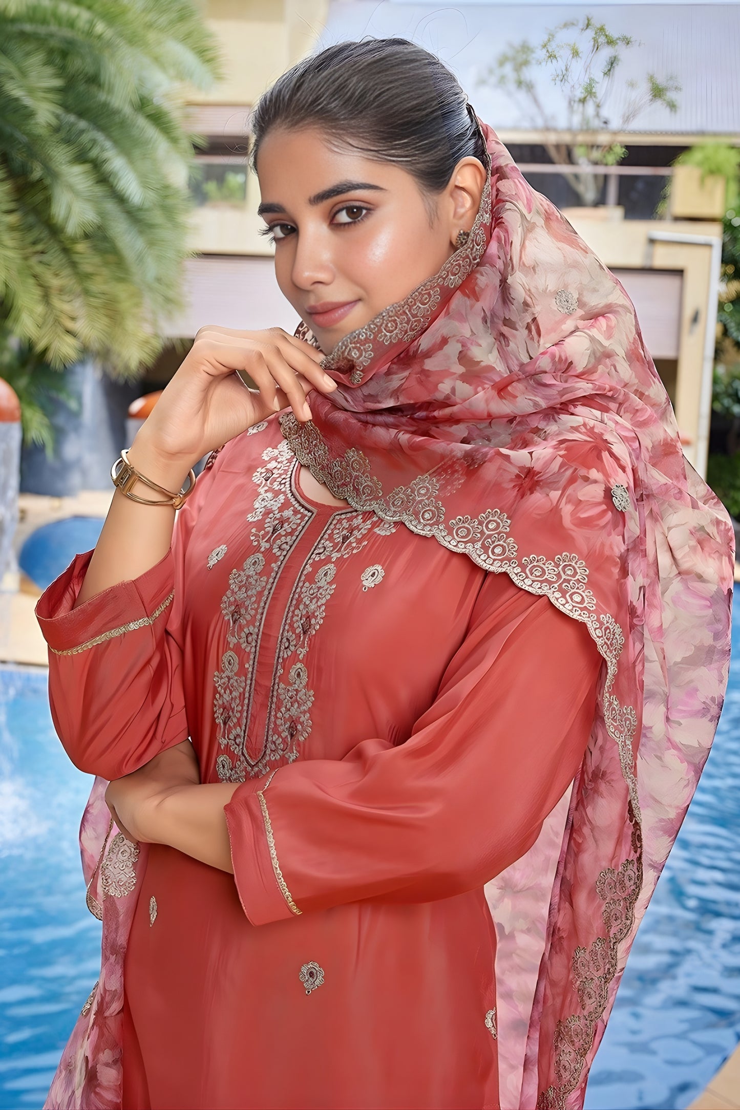 Ideal Rust Orange Embroidered Straight Suit with Floral Printed Dupatta for Festive and Party Wear