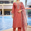 Ideal Rust Orange Embroidered Straight Suit with Floral Printed Dupatta for Festive and Party Wear