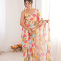 Cream Printed Chiffon Saree with Multicolor Leaf Design Blouse