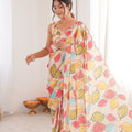 Cream Printed Chiffon Saree with Multicolor Leaf Design Blouse 
