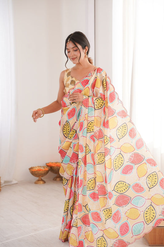 Cream Printed Chiffon Saree with Multicolor Leaf Design Blouse 