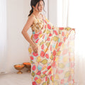 Cream Printed Chiffon Saree with Multicolor Leaf Design Blouse